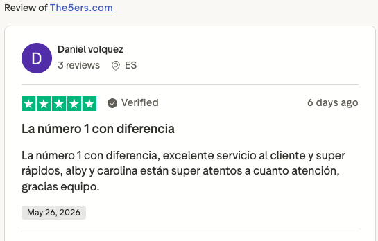 Valoración de trader en Trustpilot sobre el soporte de The5ers
