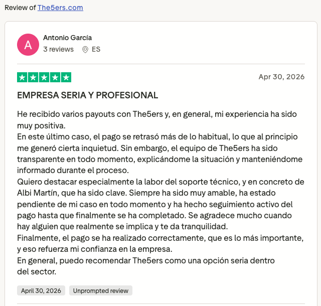 Reseña verificada en Trustpilot de un trader atendido por Alby Martin en The5ers